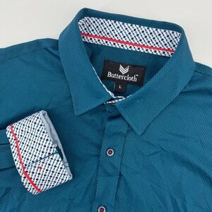 Buttercloth Mens L Long Sleeve Button Up Shirt Dress Shirt Teal Geometric